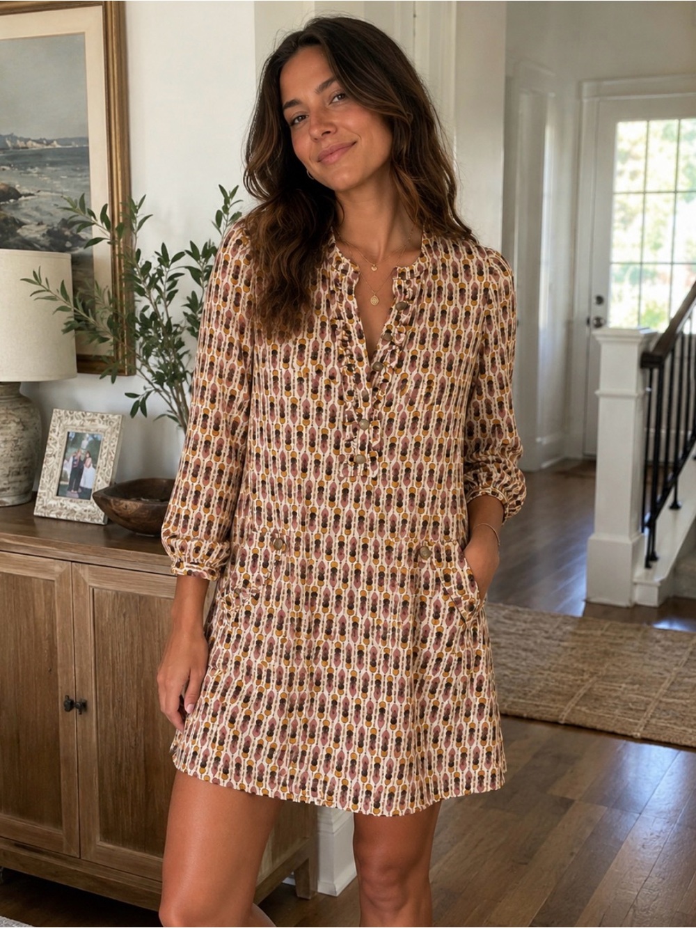 H&M Women's Tunic Dress Ruffle Buttons and Front Pockets - 50’s Vintage